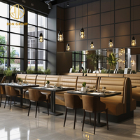 Ron Group, solution tout-en-un pour restaurants, banquette en cuir capitonnée, table carrée en bois et ensemble de chaises, mobilier commercial