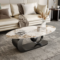Table basse en pierre de style minimaliste italien moderne, structure en métal, forme ovale, pas d'assemblage requis, style luxe léger pour salon