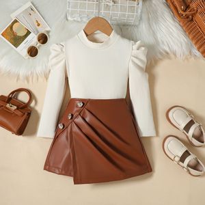Vêtements pour enfants, automne, nouvelle collection, haut à manches longues uni pour filles, <span class=keywords><strong>jupe</strong></span> courte en <span class=keywords><strong>cuir</strong></span> PU tendance, ensemble deux pièces décontracté - Product Image 2