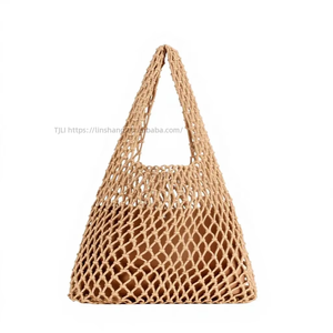 Generation New Solid Color Cotton Fabric <b>Net</b> <b>Bag</b> Handmade Woven ZIP Single Handle Candy Color Winter Fashion Daily Tanjing - Product Image 1
