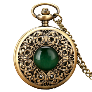 ساعات جيب عتيقة جديدة بتصميم كريستال أخضر زمردي، ساعات جيب كوارتز مع سلسلة قلادة للرجال والنساء، ساعة جيب - Product Image 1