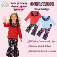 Ensemble de vêtements pour filles, patchwork floral, volants, haut à manches longues, col rond, pantalon à volants multicouches, tenue de vacances en 2 pièces