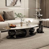 Italienischer Stil Glänzender Stein- & Metall-Oval-Couchtisch-Set Modernes Design Leichter Luxus Umweltfreundliche Wohnmöbel