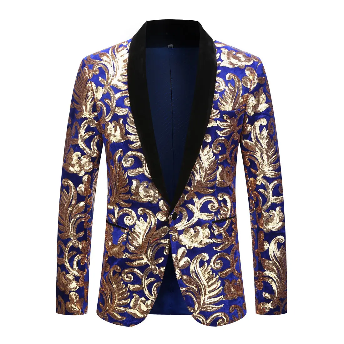 Man Slim Fit Men Shawl Lapel Blazer Designs Black Velvet Gold Flowers Sequins Suit Jacket Dj Club Singer Clothes