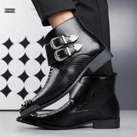 Bottes Chelsea en cuir façon croco pour hommes, à bout pointu métallique, double boucle et fermeture éclair, idéales pour les soirées et les tenues habillées