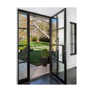 Desain baru Swing Casement besi tempa eksterior digunakan hitam French Steel pintu dengan Sidelight untuk dijual