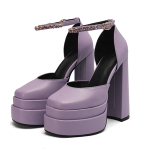 Sandales à talons hauts en cuir PU pour femme, style fantaisie, bout carré, plateforme épaisse, chaussures habillées d'été, ornées de diamants, taille 43 - Product Image 4