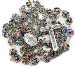 Perle di cristallo di zirconi colorati rosario argento cattolico con medaglia miracolosa croce crocifisso collana di rosari multicolori