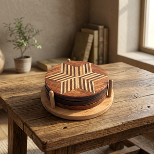 Ensemble de sous-verres ronds en bois personnalisés, faits à la main, avec différents motifs et designs, pour mariages, fêtes et décorations. - Product Image 1