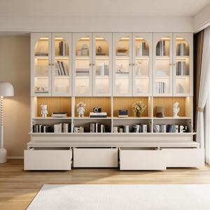 Estantería <span class=keywords><strong>LED</strong></span> <span class=keywords><strong>con</strong></span> Puertas de Vidrio, Cajones de Almacenamiento y Estantes Abiertos, Blanca - Fabricación Personalizada OEM Directo de Fábrica - Product Image 1