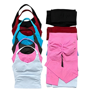 Set 2 Pezzi Pantaloni <span class=keywords><strong>Fitness</strong></span> a Vita Alta Color Pesca Tinta Unita Taglie Forti, Effetto Push-Up, in Spandex/Nylon, con Spalline Halter, Asciugatura Rapida, Lunghezza Intera - Product Image 1