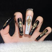 Ongles en forme de cercueil brillants avec diamants, noir et blanc brillant, faits à la main en ABS, 10 pièces, extra longs, ongles press-on de luxe pour femmes