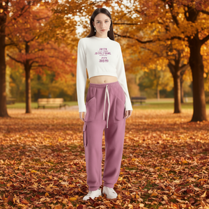 Pantaloni cargo in pile da donna J817R a vita alta, vestibilità ampia, lunghezza intera, con coulisse, casual, autunnali, 100% cotone, stampati - Product Image 2