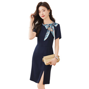 Women's Professional Dress Dark Blue Breathable Workwear Summer Wear Front Desk Uniform - Product Image 5
