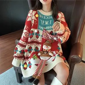 2022 Wholesale Winter Loose Intarsia Pullover Doll Decorated Women's Christmas Sweater