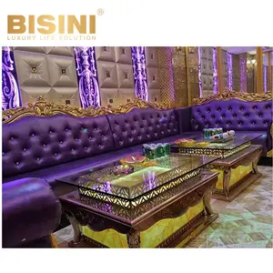 Asiento de sofá de estilo europeo para club nocturno, elegante y morado, madera maciza tallada a mano, cuero de microfibra violeta, muebles luminiscentes para Hotel