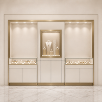Présentoir mural pour montres et bijoux blanc crème, cadre or champagne, niche murale cannelée, vitrine en verre, armoire de rangement et éclairage LED