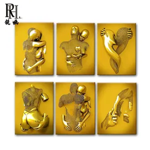 Home Decoration Gold Couple Lovers Metal Figure Statue Art Abstract Posters Abstract Printing Canvas Painting Wall Art