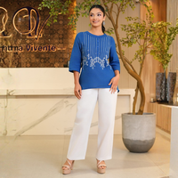 Blus Wanita Premium Berkualitas Tinggi, Kasual, Bahan Linen Biru Bordir, Lengan Tiga Perempat, Kancing Setengah