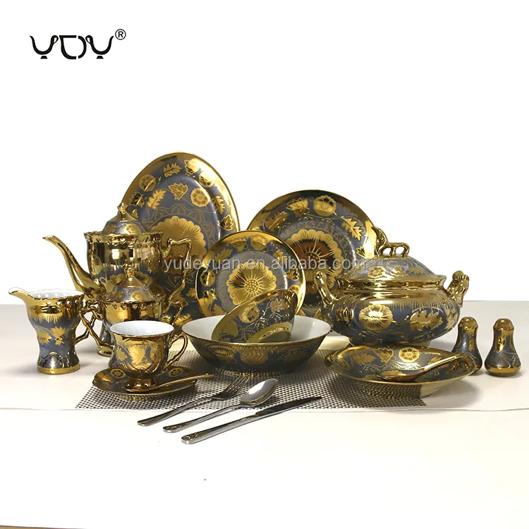 YDY Porcelaine Usine Personnalisée Royal Or Plaqué Céramique 84pcs Dîner Ensemble De Luxe Porcelaine Fine Vaisselle