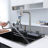 Évier de cuisine intelligent moderne en acier inoxydable nano multifonctionnel avec cascade et support pour téléphone
