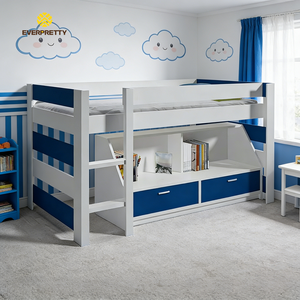 <span class=keywords><strong>Lit</strong></span> superposé en bois pour enfants, design moderne bleu et blanc, avec escalier, tiroir, garde-corps et espace de rangement pour la chambre des enfants - Product Image 1