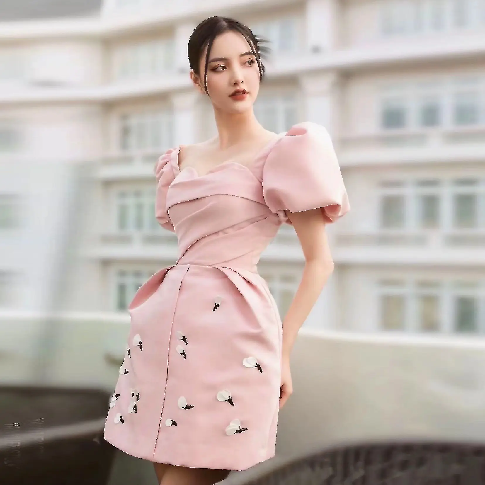 ZYHT 9996 Summer Fashion High End Mini Dress Clothes Women Pink Puff Sleeve A-Line Pleated Dress for Women