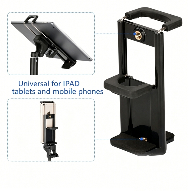 2-in-1 Universal Clamp for Smartphone/Tablet Ebook, Adjustable Lightweight Secure Clip Phone Holder for Tripod/Monopod/Stick
