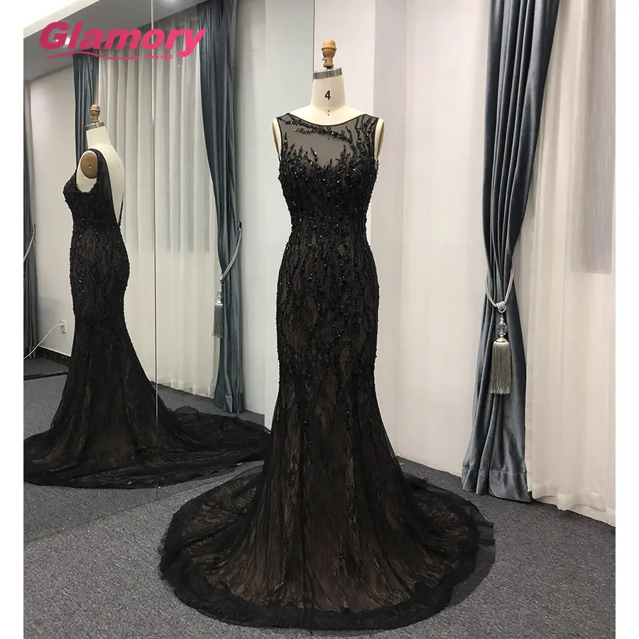 Black Long Patterns of Lace Low Backless Dress With Beads Mermaid Formal Evening Dresses