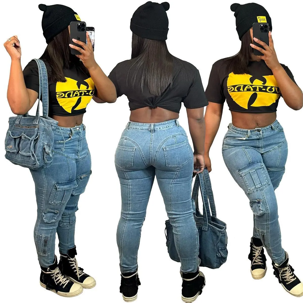 New Multi Bag Elastic Tight Workwear Casual Jeans