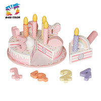 Jouet en bois rose pour couper le gâteau d'anniversaire avec bougies, blocs numérotés et spatule à gâteau, ensemble de desserts d'imitation pour enfants W10B596