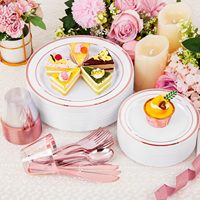 Lot de 150 pièces de vaisselle jetable en plastique blanc avec bord doré, comprenant 25 assiettes plates/dessert, fourchettes, couteaux, cuillères et gobelets, sans BPA