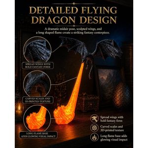RHUTQP Dragon Bookshelf Nook <b>Light</b> 3D Printed <b>LED</b> Fire Breathing Fantasy Shelf Decor Flying Design Blue or Red Flame Large - Product Image 3