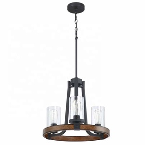 Lustres de ferme 3 lumières Finition noire <span class=keywords><strong>et</strong></span> <span class=keywords><strong>bois</strong></span> Abat-jour en verre transparent suspendu Suspension <span class=keywords><strong>salon</strong></span> Salle à manger Porche - Product Image 1