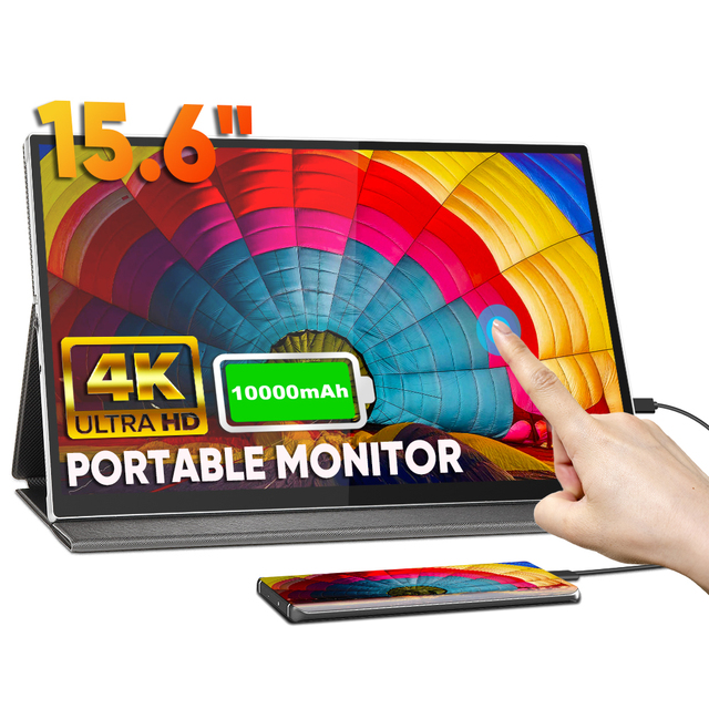 15.6'' 4K Portable HD Touchscreen Monitor 10-Point Built-in Battery Dual USB C Narrow Bezel UHD Display Type-C for Laptop