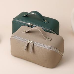 Sac à main multifonctionnel en cuir véritable pour femme avec double fermeture éclair, rangement portable pour cosmétiques - Product Image 1
