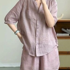 <b>Linen</b> Cotton Women's Shorts <b>Set</b> Three Quarter Sleeve Button Front Casual Summer Outfit Solid Color Plus Size - Product Image 5