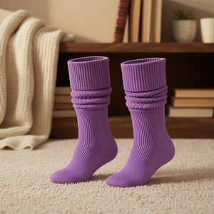 Chaussettes tricotées violettes pour enfants, chaudes en coton, hauteur genou, taille unique, imprimé rayé dessin animé, pour usage quotidien en hiver - Product Image 2