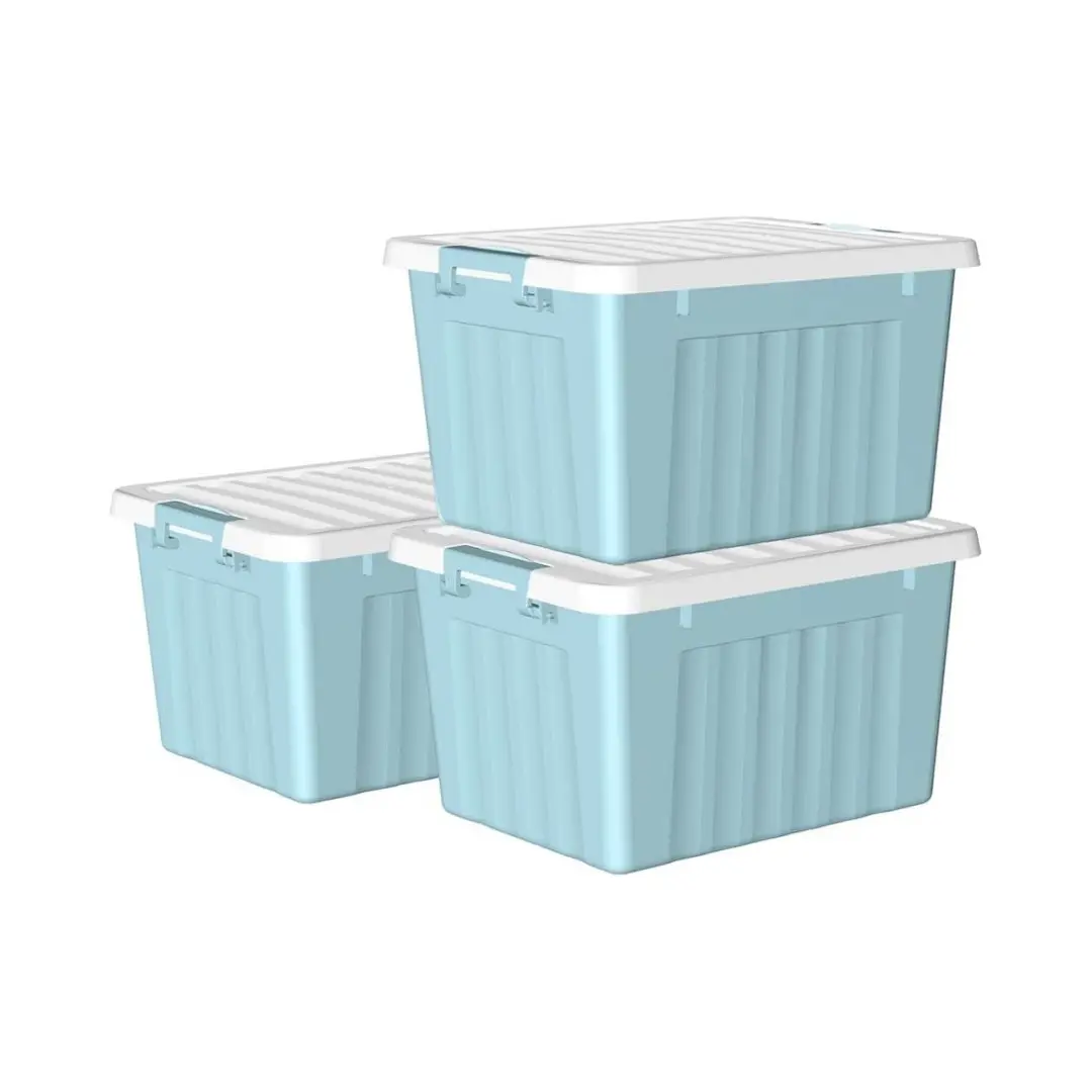 Dayanıklı kapak ve güvenli mandallama tokaları ile konteyner organize şeffaf plastik saklama kabı mavi Tote kutu