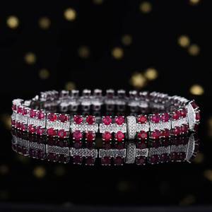 <b>Solid</b> 18K <b>Gold</b> Natural Pigeon Blood Ruby Wide Tennis Bracelet Inlaid 0.804ct Pavé Diamonds Formal Banquet Statement Jewelry - Product Image 3
