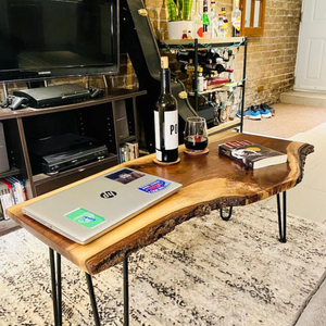 Table basse en bois d'acacia massif avec bordure ambrée élégante, pieds en métal, pliable, design moderne écologique, meubles de maison en gros - Product Image 5