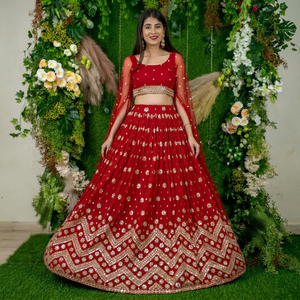 Designer Bridal <b>Red</b> <b>Lehenga</b> Choli Heavy Mirror Work Chevron Embroidery - Indian Ethnic Wedding Wear Wholesale - Product Image 1