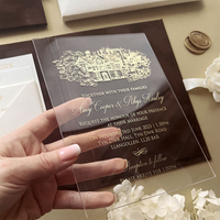 Cartes d'invitation de mariage de luxe en velours brun chocolat, avec monogramme doré en relief, en acrylique, avec enveloppe