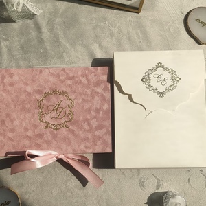 Caja de Invitación de Boda de Terciopelo Azul Marino, Cinta de Satén, Monograma en Lámina Dorada, Empaque Personalizado, Juego de Boda de Lujo, Papel Artístico Reciclable - Product Image 2