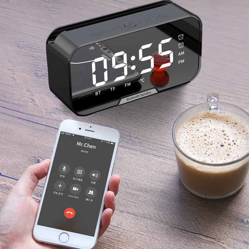 Despertador inteligente espelhado, relógio despertador duplo, bluetooth, alto-falante, display digital de led, relógio de mesa, caixa de som de decoração para casa
