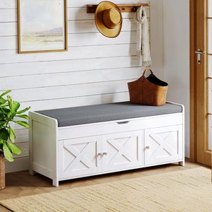 Banc de rangement blanc SENYU style ferme avec coussin gris et portes à panneaux en X, meuble d'entrée pour rangement de chaussures et organisation domestique - Product Image 3