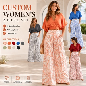 Ensemble élégant pour femmes à imprimé floral, 2 pièces, haut court à col en V et pantalon large, <span class=keywords><strong>tenue</strong></span> de plage pour les vacances <span class=keywords><strong>d</strong></span>'été - Product Image 1