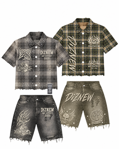 DiZNEW Set Personalizzato OEM <span class=keywords><strong>Camicia</strong></span> a Quadri con Strass e Pantaloncini in Denim per <span class=keywords><strong>Uomo</strong></span>, Stile Y2K Gotico Grunge Streetwear, Set 2 Pezzi BSCI - Product Image 1