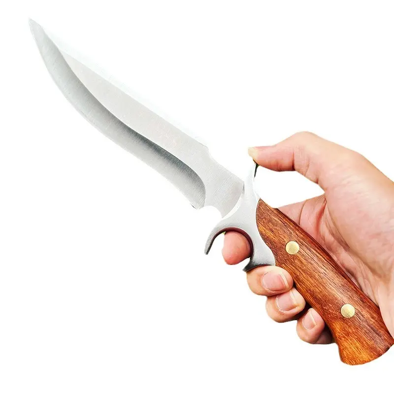Outils d'extérieur Best-seller Manche en bois massif Couteau à lame fixe Couteau à viande de survie avec fourreau en cuir
