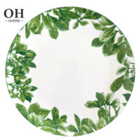 Service de table en porcelaine fine à motif feuilles vertes, assiette de présentation vert frais champêtre pour mariage, logo personnalisable, assiette en céramique pour événements et location